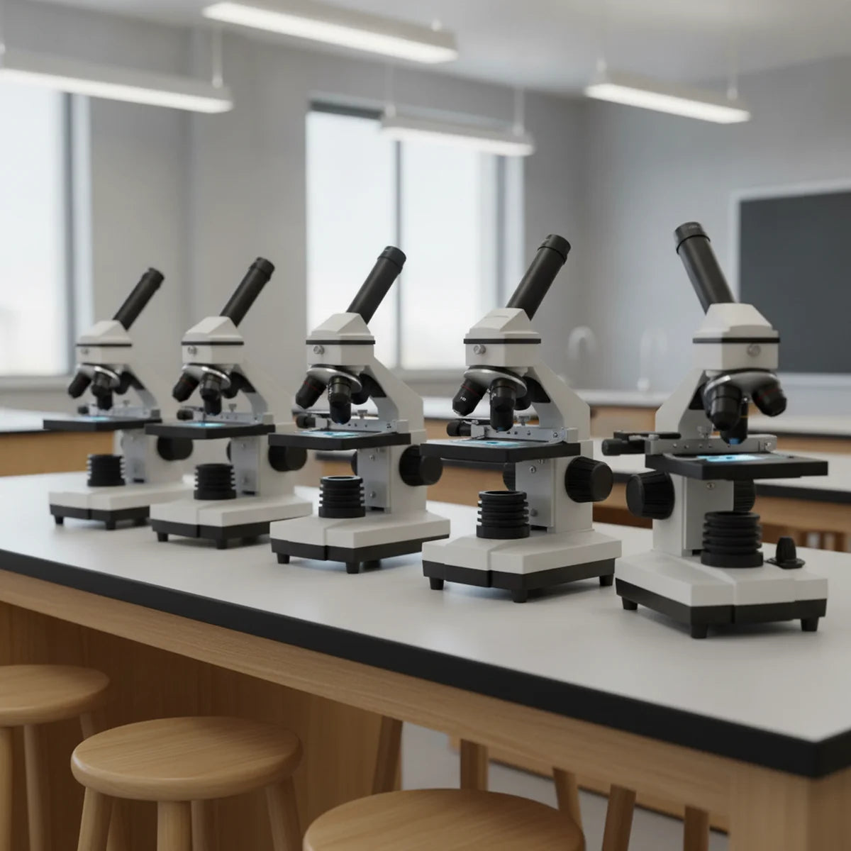 Row of monocular microscopes in school lab