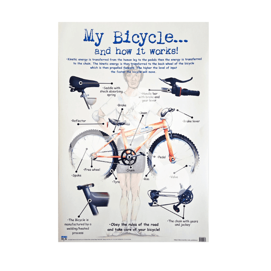 My Bicycle and how it works wall chart showing labelled bicycle parts and energy transfer mechanism