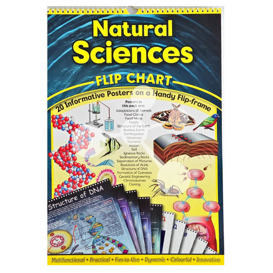 Natural sciences flip chart cover with multiple science topics overview