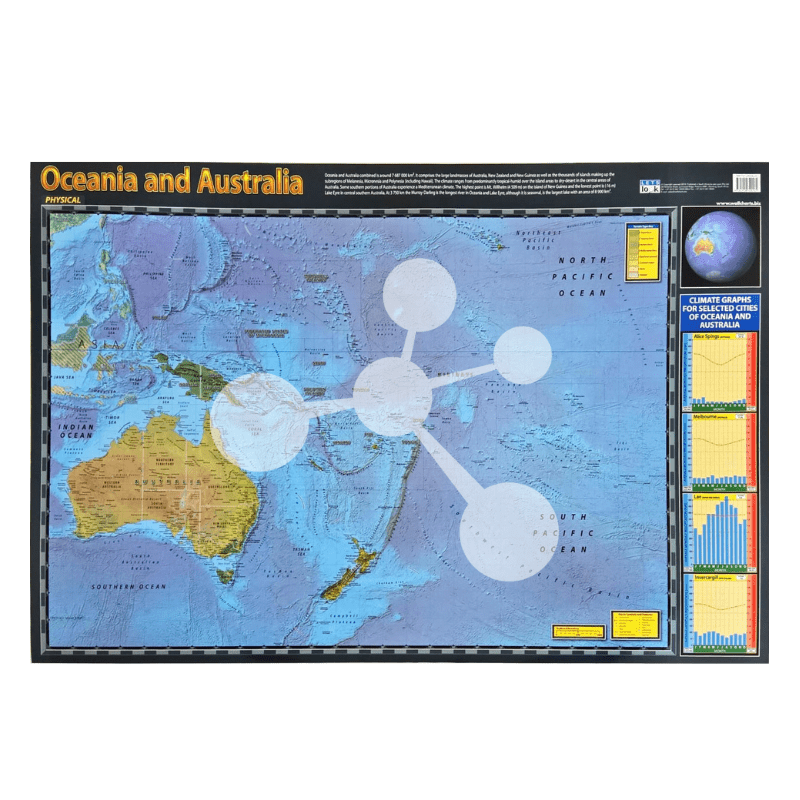 Oceania and Australia Wall Chart Physical Map