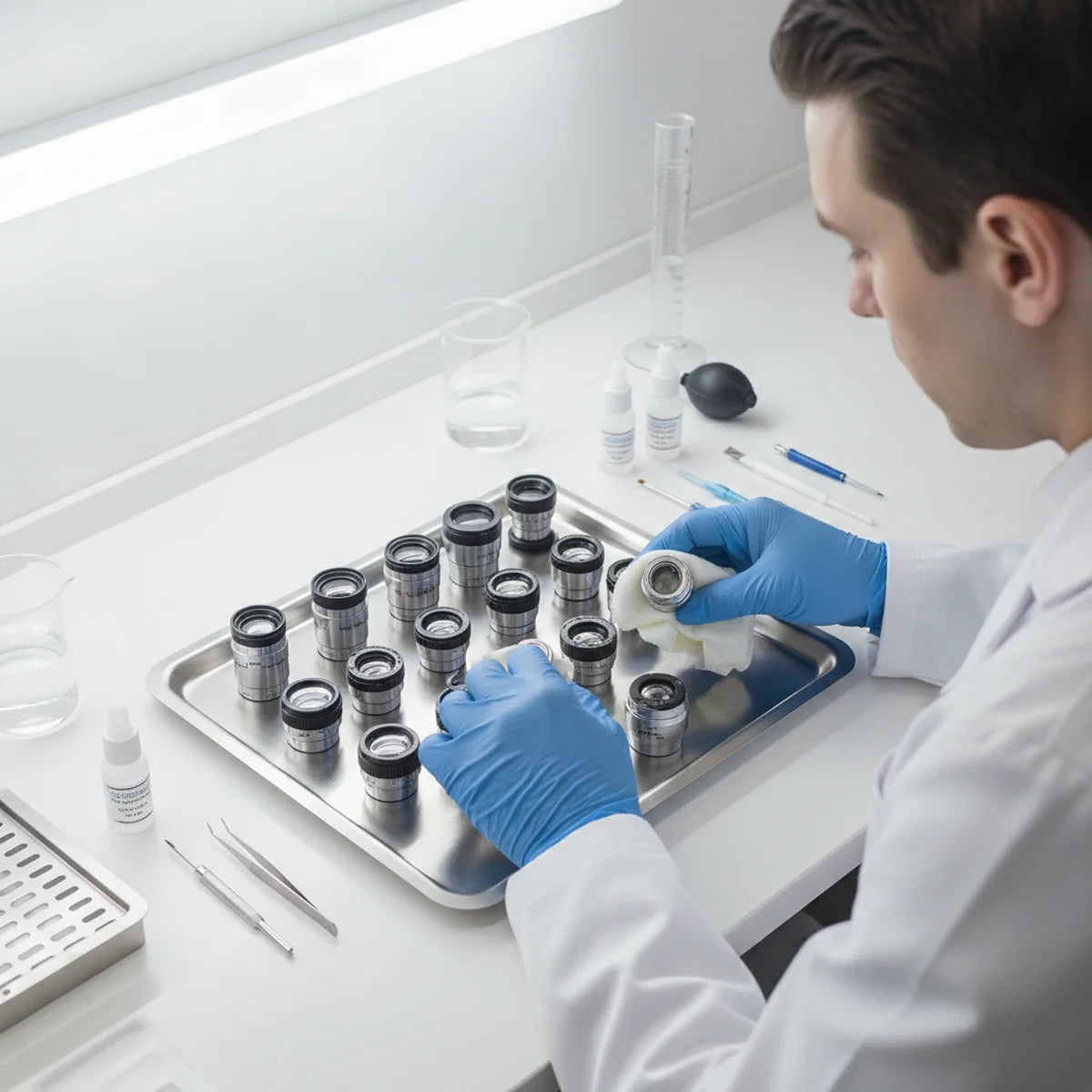 Lab technician performing routine maintenance on microscope lenses