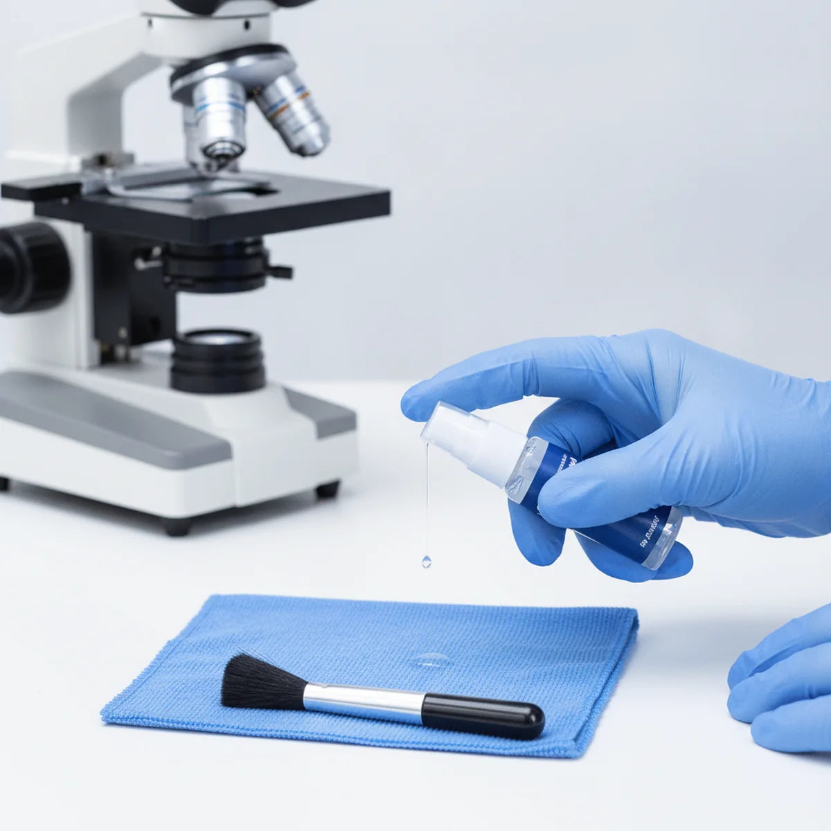 Applying lens cleaning solution to a tissue before wiping a lens