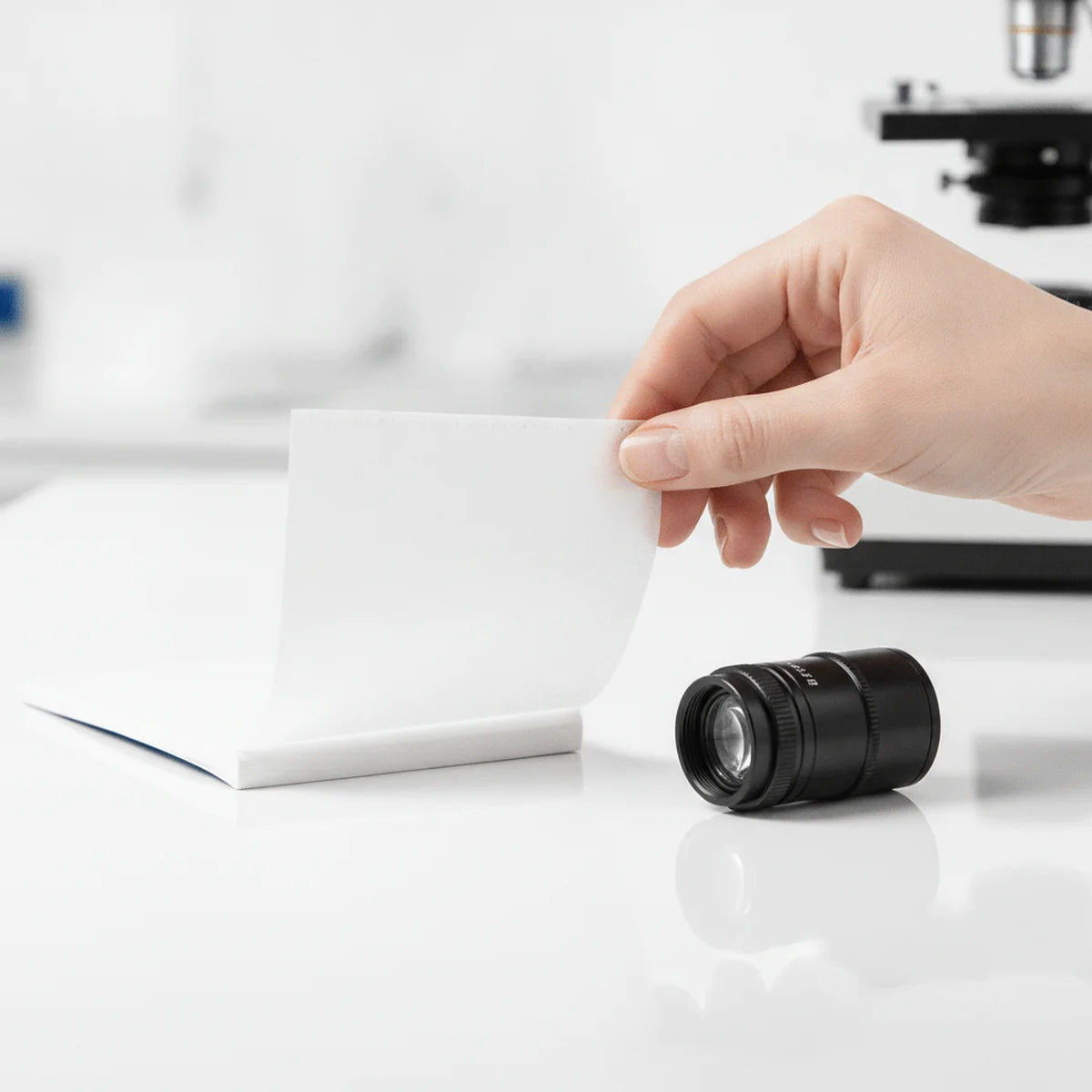 Tearing a sheet of lens tissue paper to clean an eyepiece