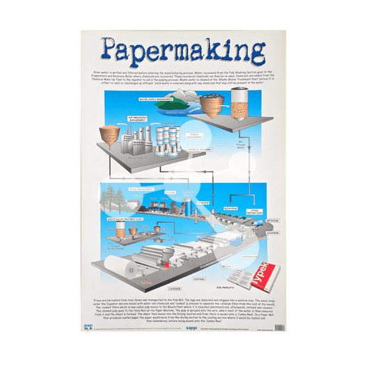 Papermaking wall chart showing wood pulping paper machine process and environmental management systems