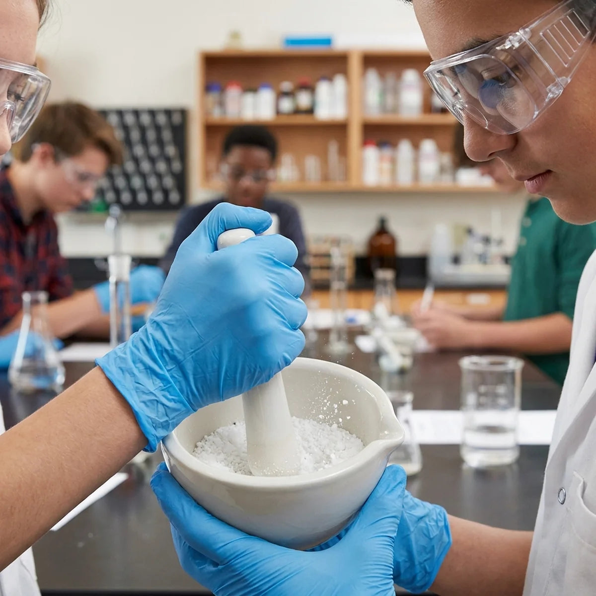 Student grinding sample in classroom