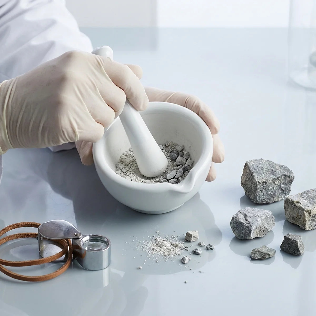Crushing mineral sample with mortar and pestle