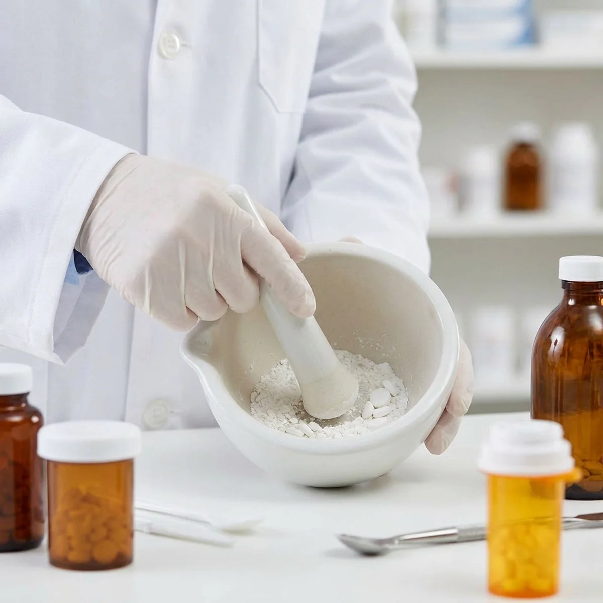 Pharmacist compounding with mortar and pestle