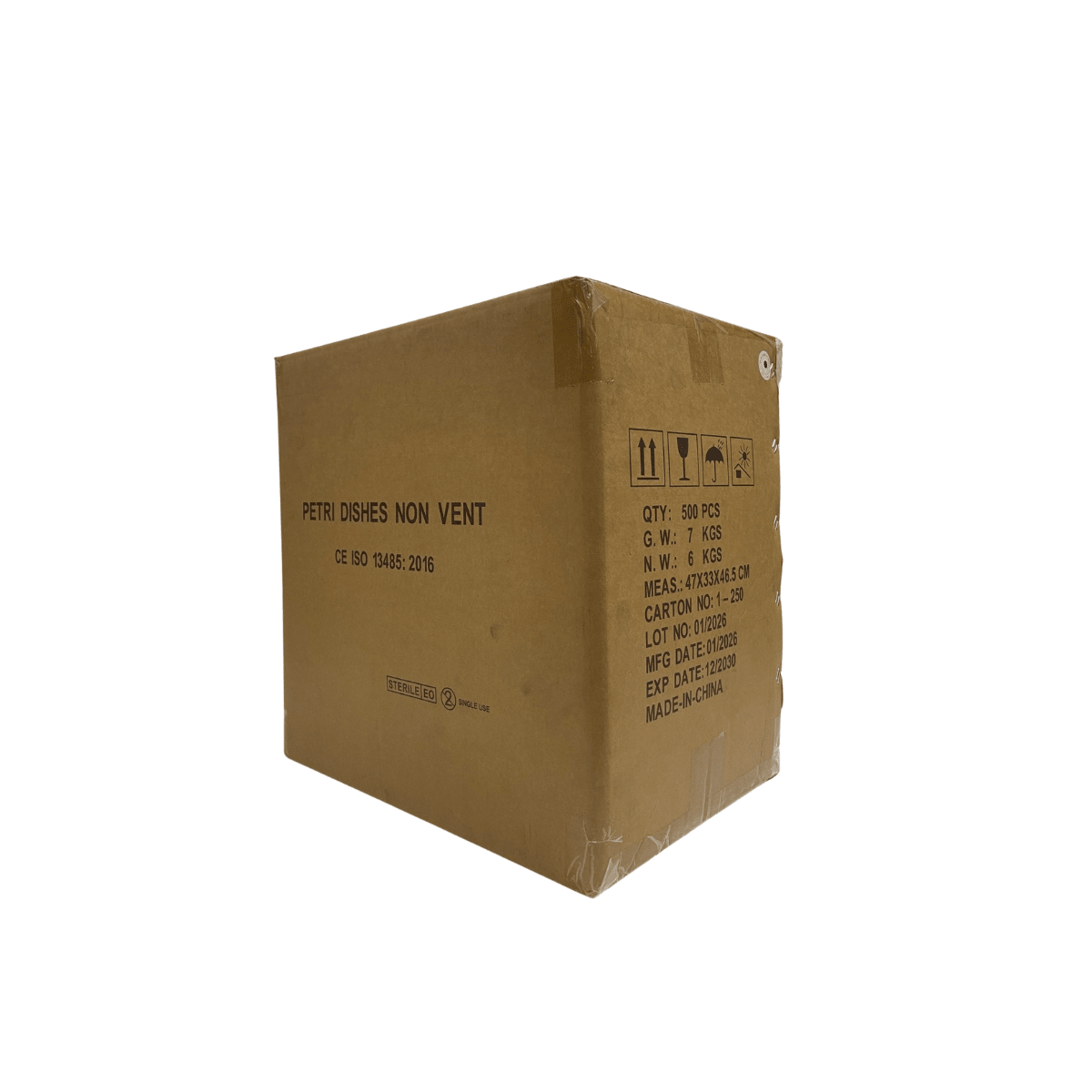 Brown shipping carton holding 500 plastic petri dishes