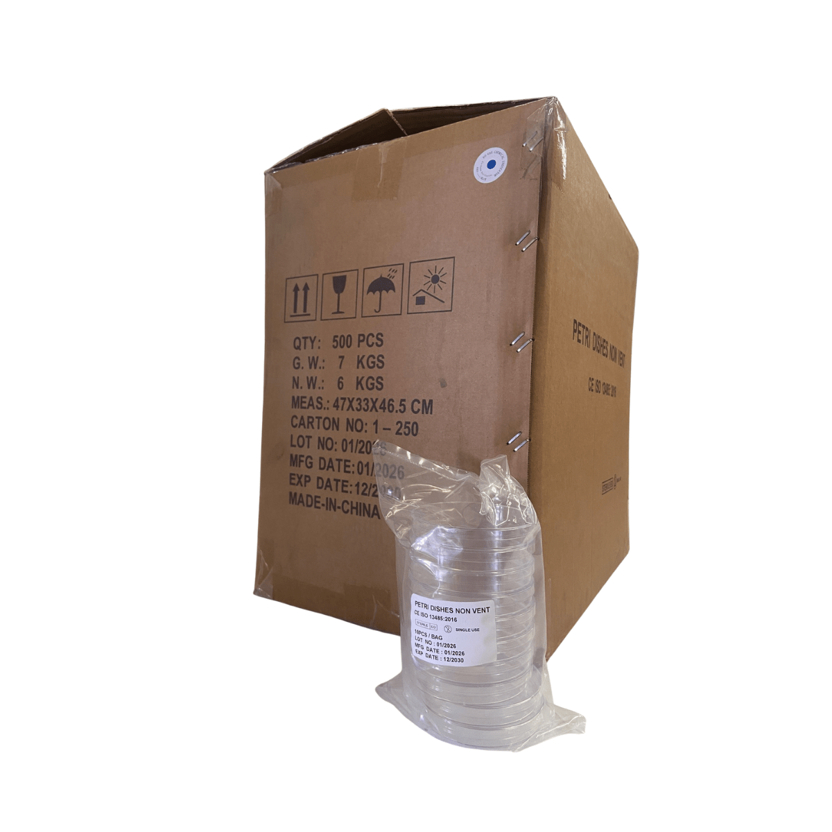 Carton of 500 plastic petri dishes with one sleeve of dishes in front