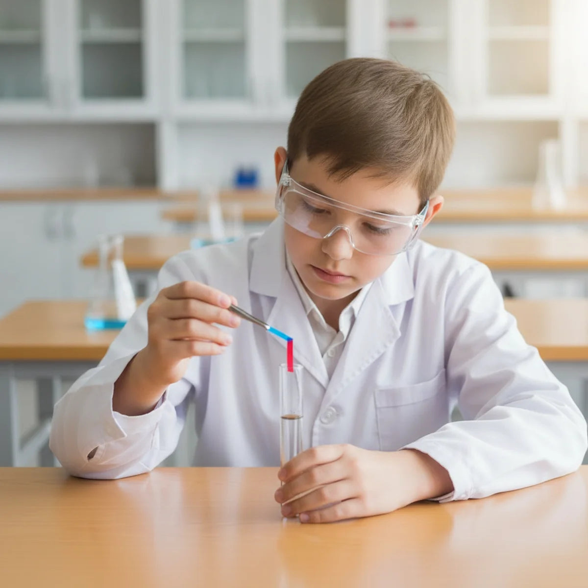 Student testing acid with blue litmus paper in a classroom