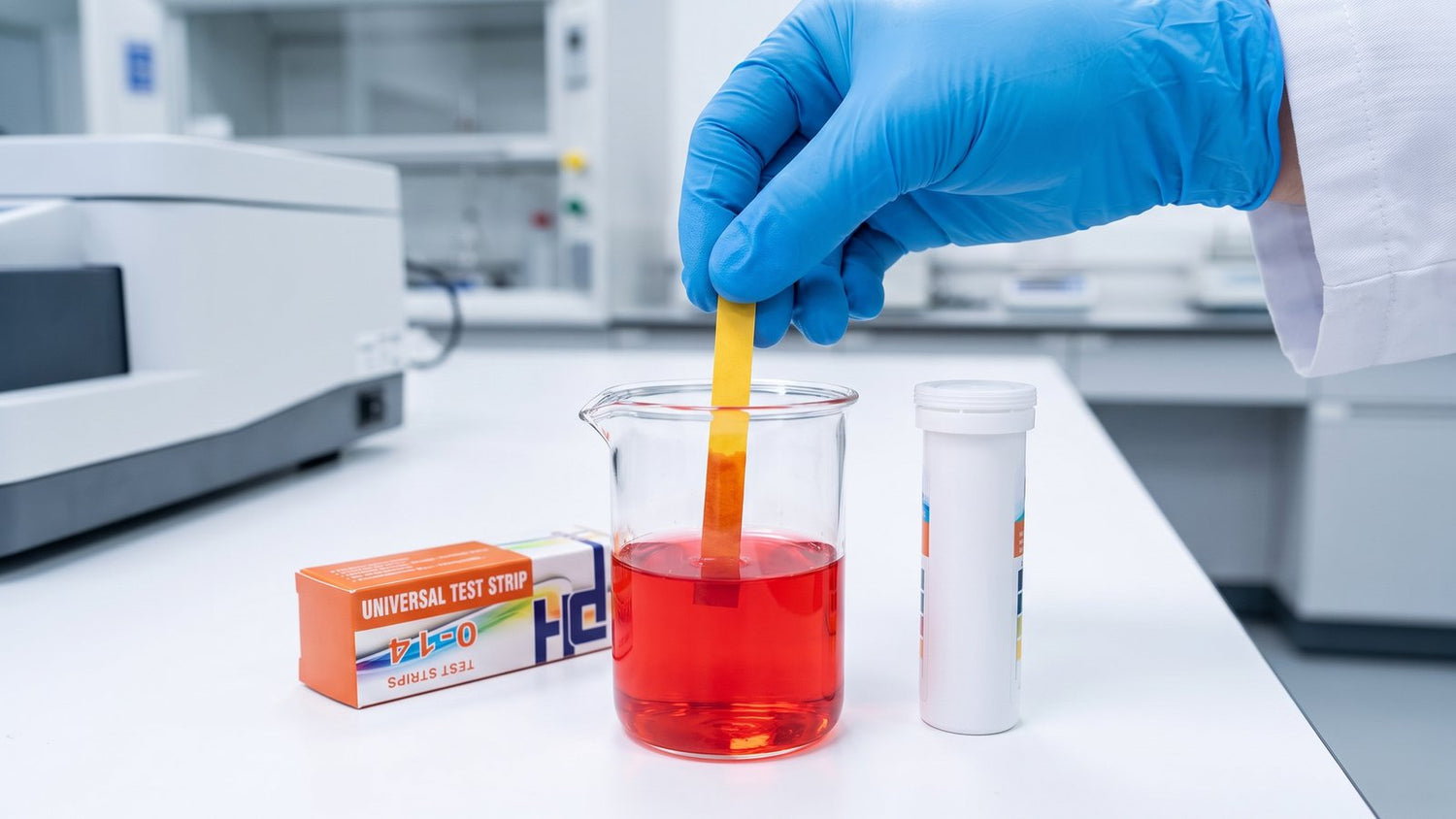 Dipping a universal pH indicator strip into a beaker of liquid