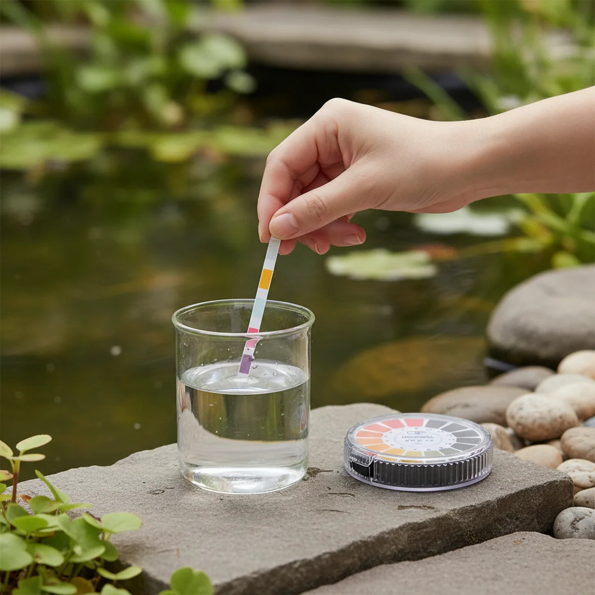 Testing pond water quality outdoors with a pH test strip