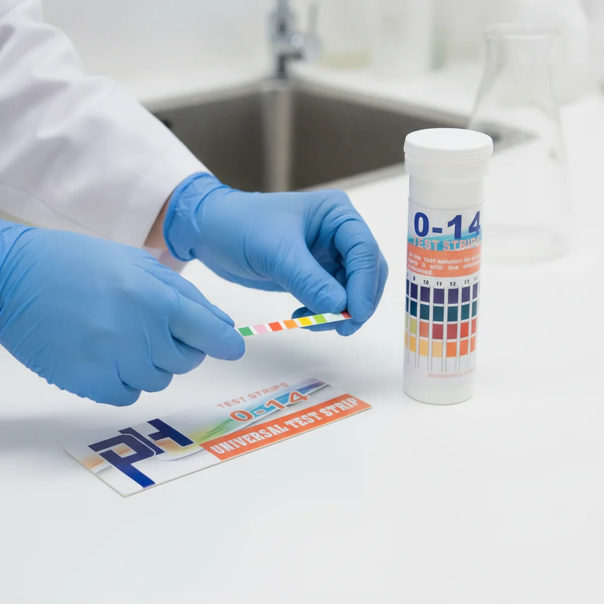Comparing a pH test strip against a printed colour reference chart