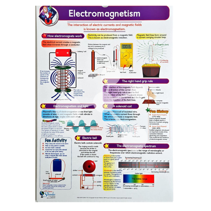 Electromagnetism poster showing electric current magnetic fields and induction