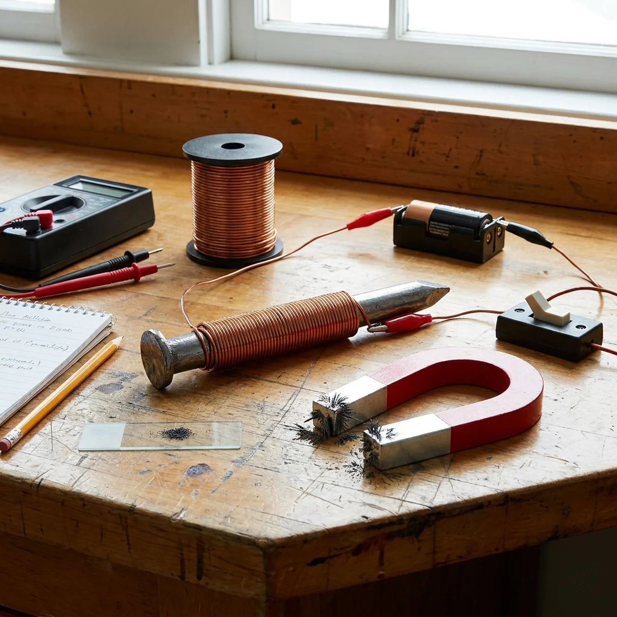 A horseshoe magnet, copper wire reel and coil on a workbench