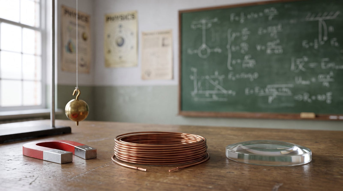 A copper wire coil and magnets on a bench below a chalkboard