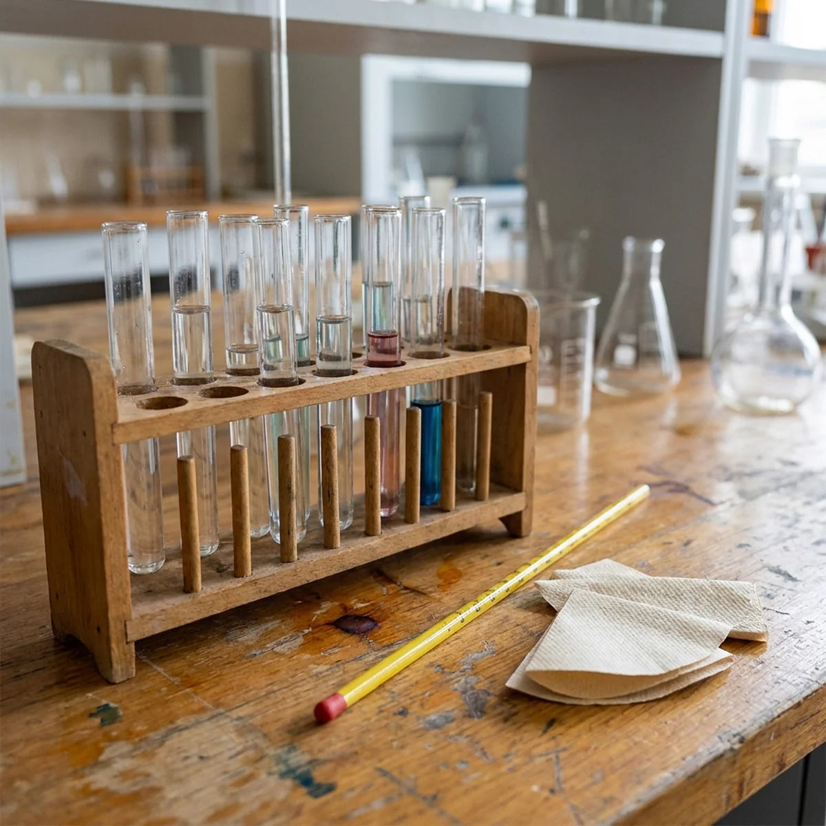 Test tubes of coloured liquids in a wooden rack on a bench