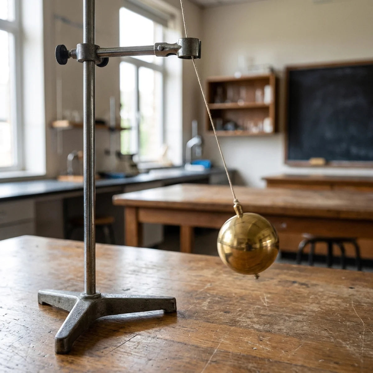 A brass pendulum bob hanging from a retort stand