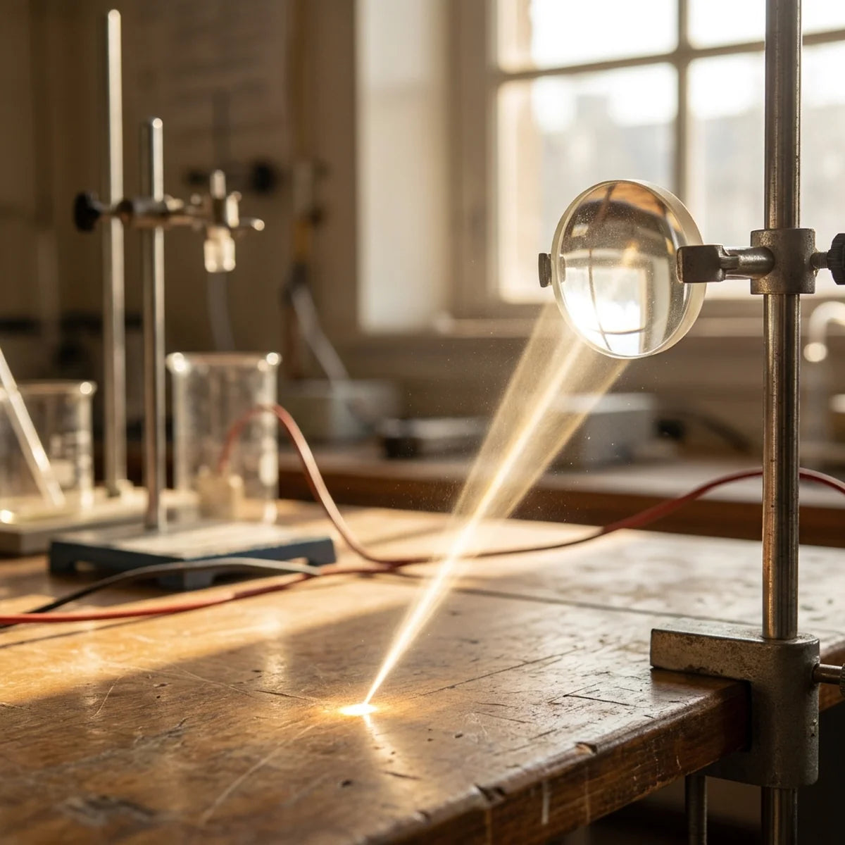 A lamp and lens casting a focused light beam across a bench