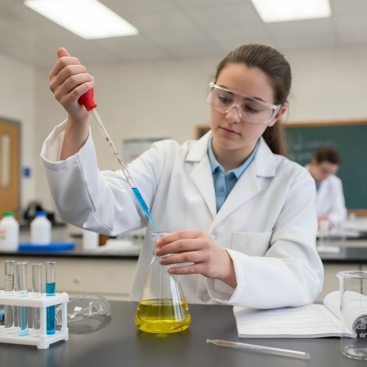 Student using a pipette filler bulb safely in a school lab