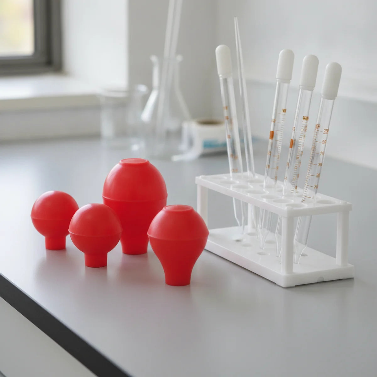 Pipette filler bulbs in different sizes next to a pipette rack