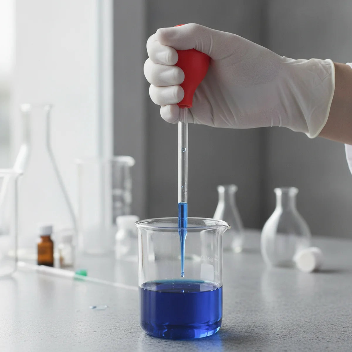 Squeezing a rubber pipette filler bulb to draw liquid