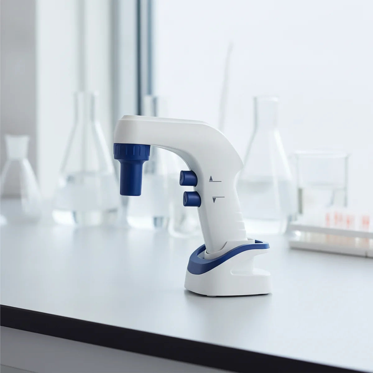 Electronic pipette controller resting in its charging stand