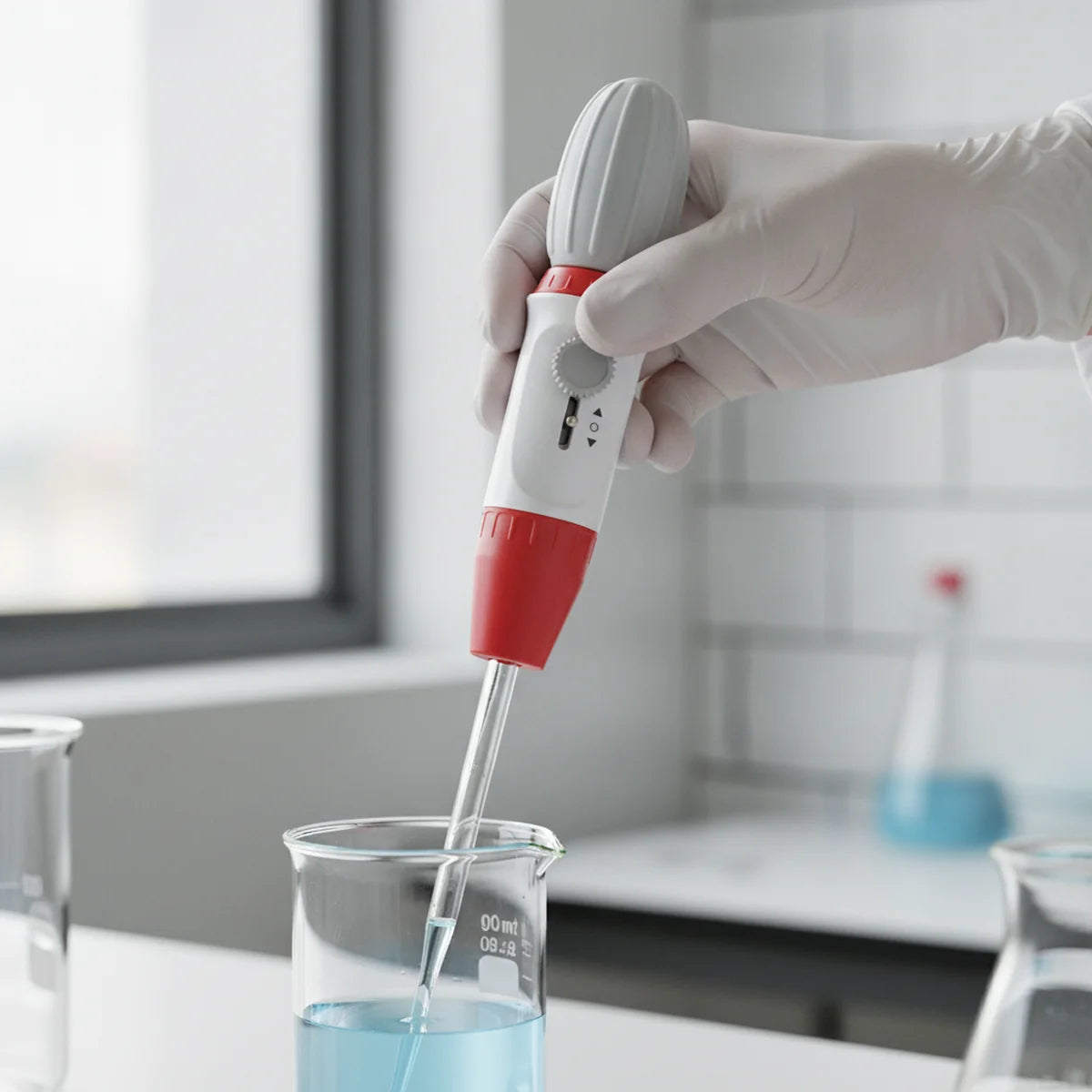 Operating a thumbwheel pipette pump over a beaker