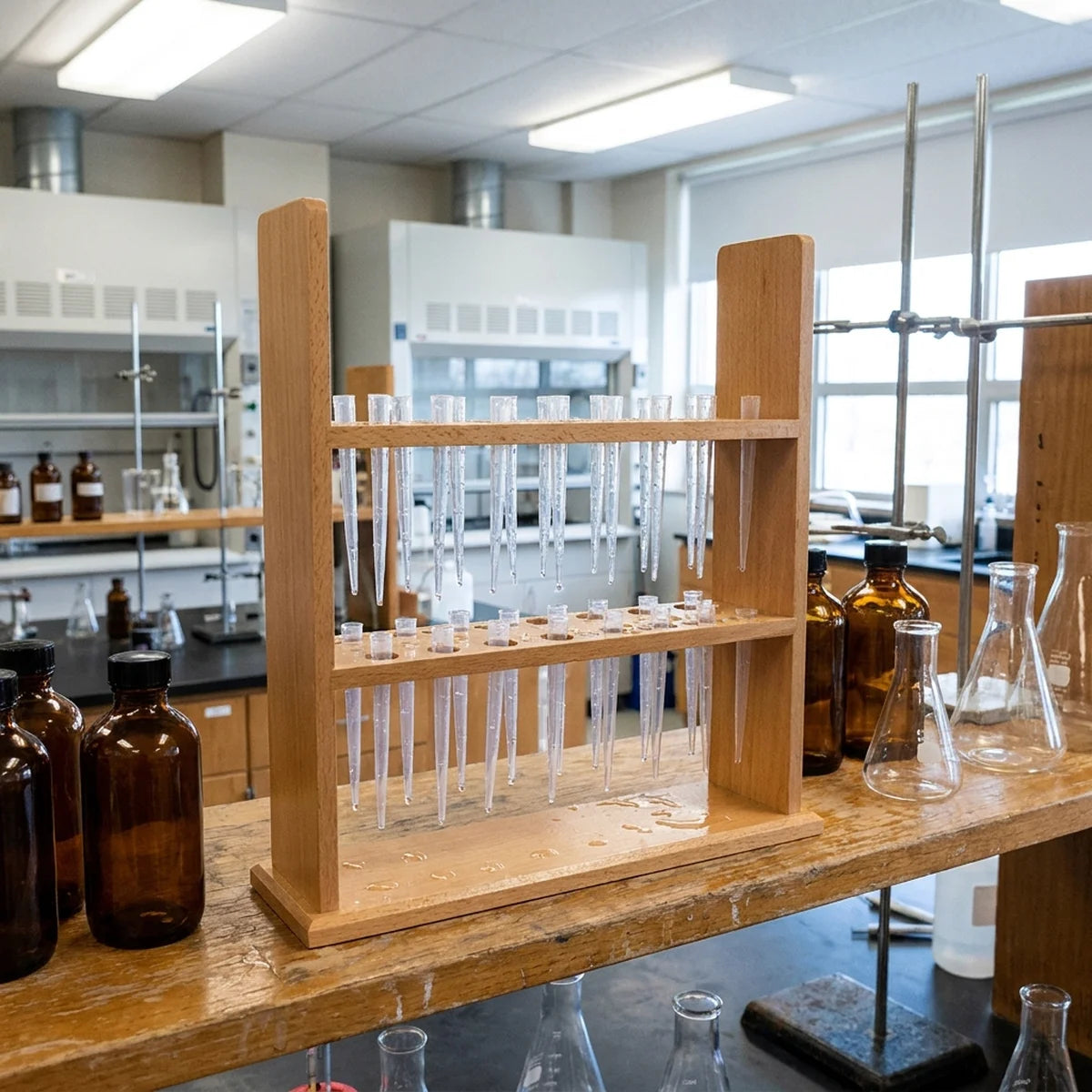 Wooden pipette stand in a classroom