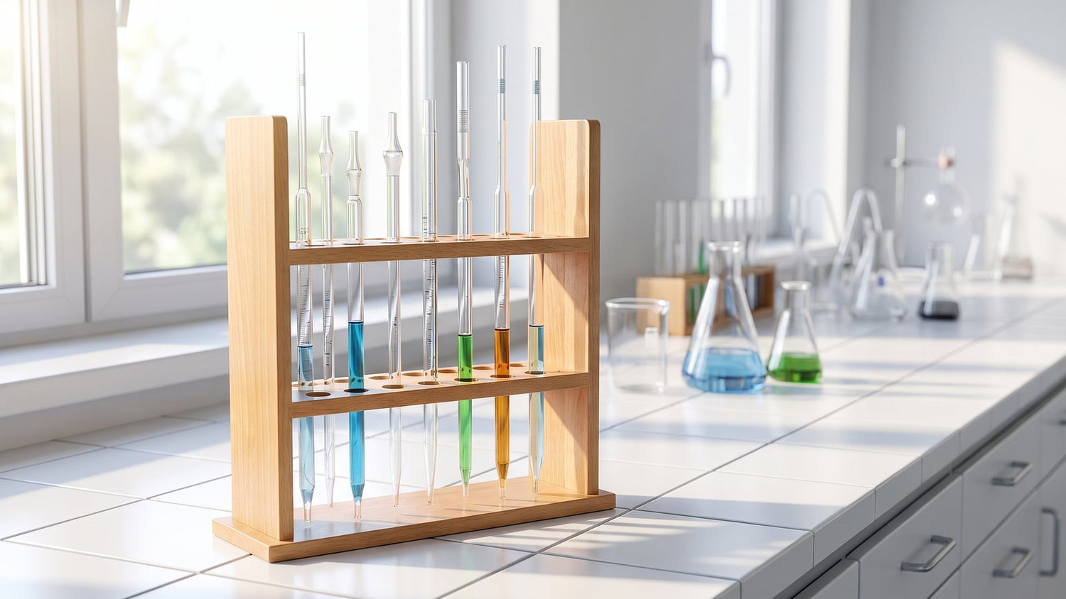 Wooden pipette stand on lab bench
