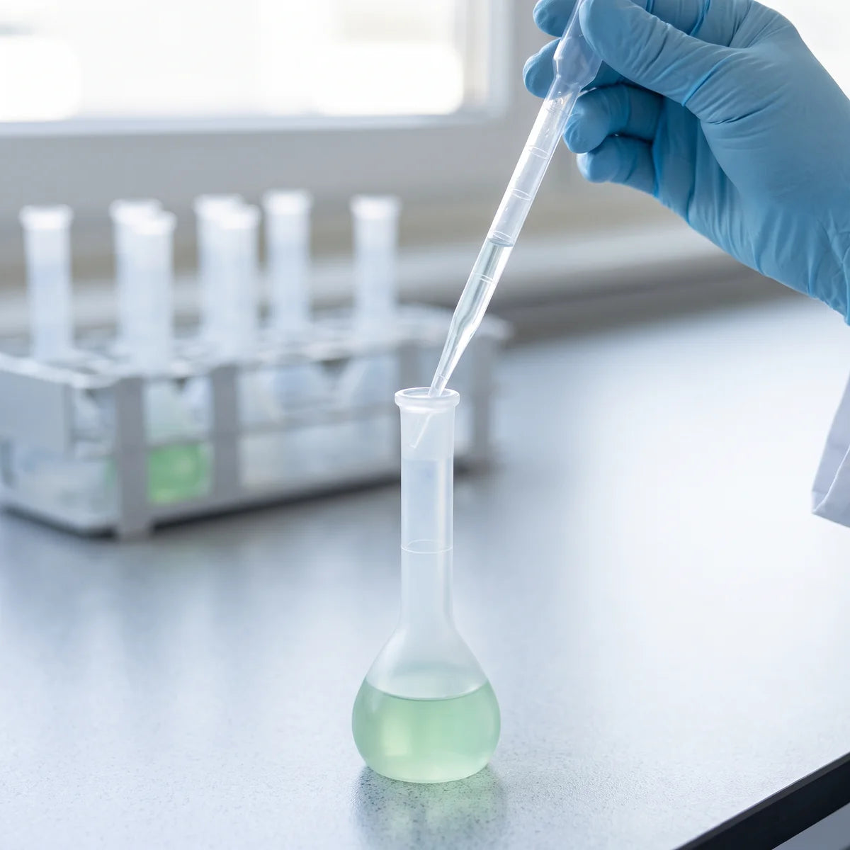 Adding solution to a polypropylene volumetric flask for a routine dilution
