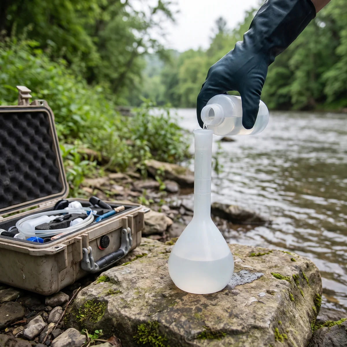 Pouring a river water sample into a polypropylene volumetric flask during field sampling