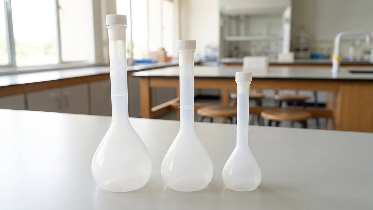 Three translucent polypropylene volumetric flasks with screw stoppers in a school laboratory