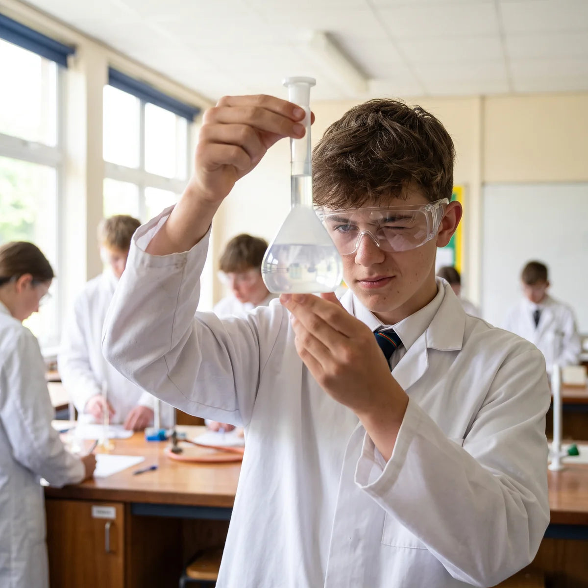 A learner in safety goggles checking the liquid level on a polypropylene volumetric flask