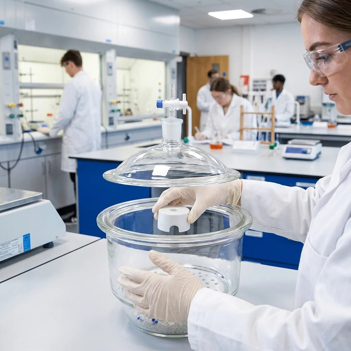 Student placing porcelain shelf into desiccator