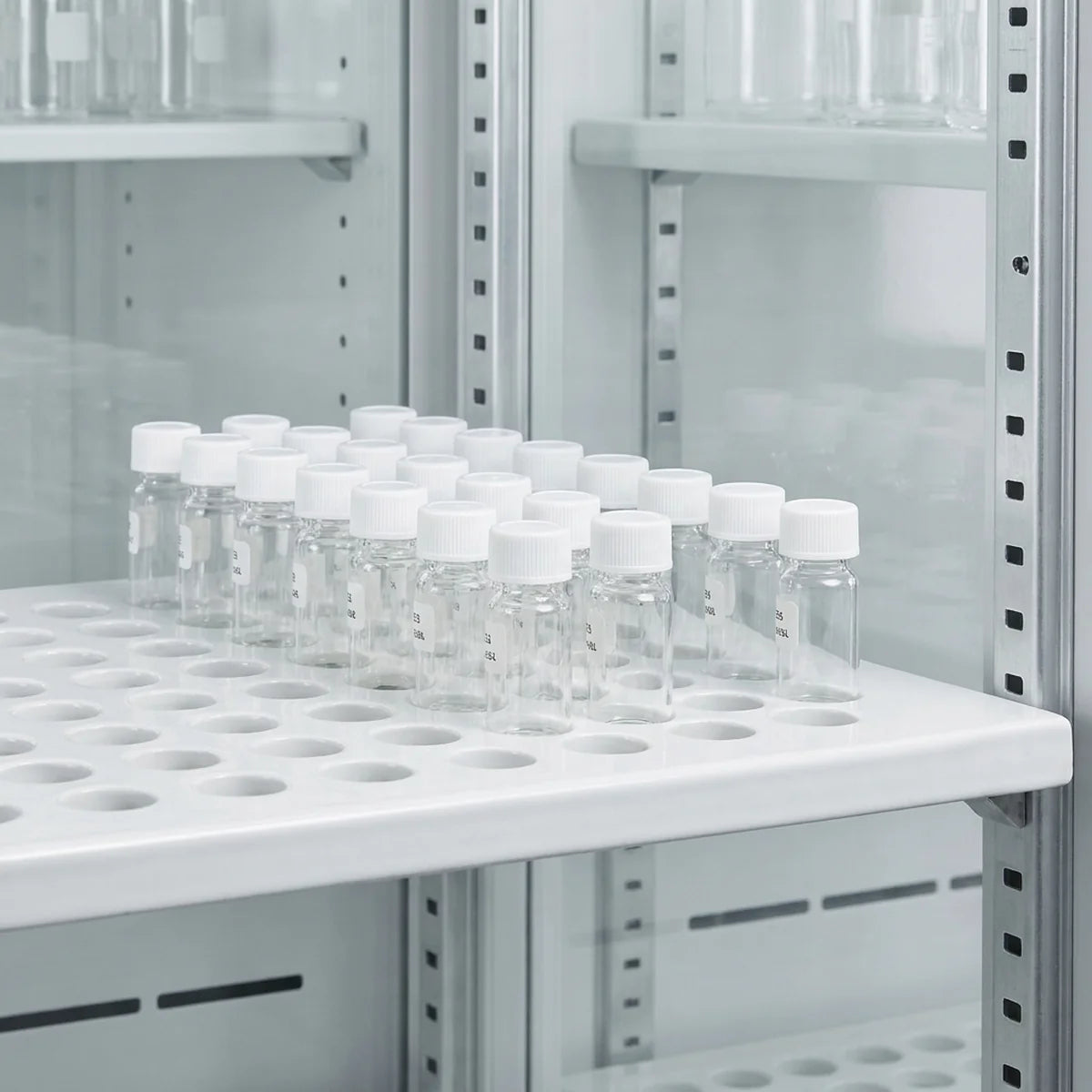 Porcelain shelf holding sample vials in cabinet