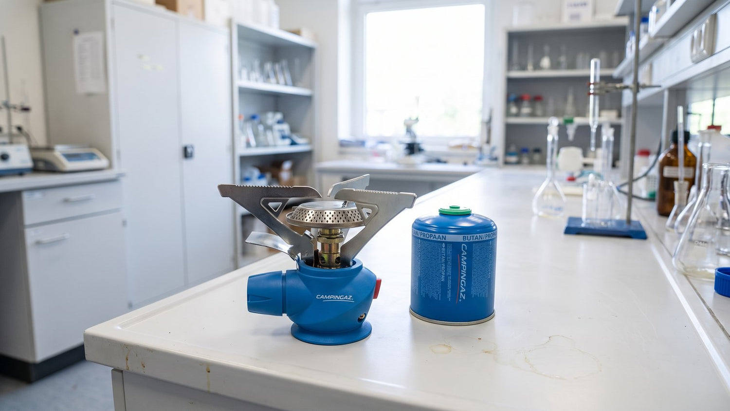 Portable stove and fuel cartridge on a laboratory bench