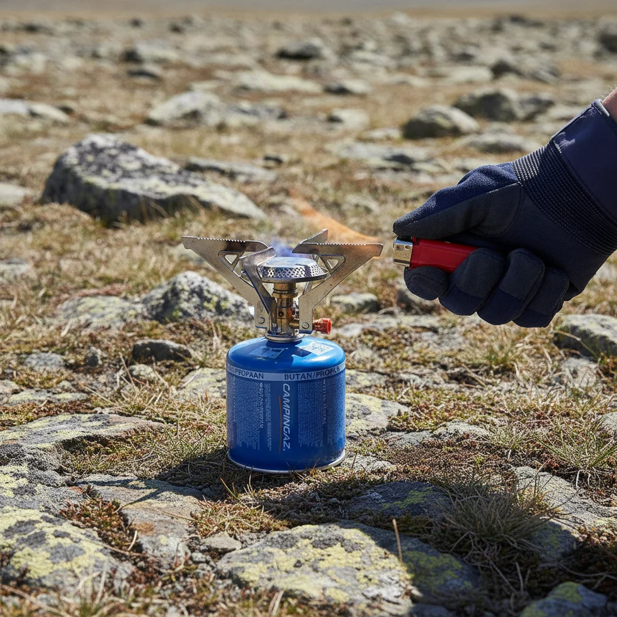 Igniting a portable field stove screwed onto a fuel cartridge
