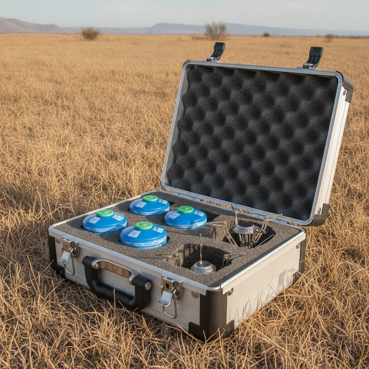 Portable stove and fuel cartridges packed in a field kit