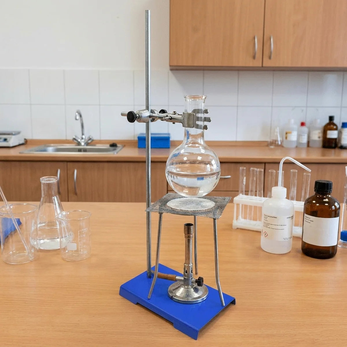 Retort stand holding a flask over a bunsen burner