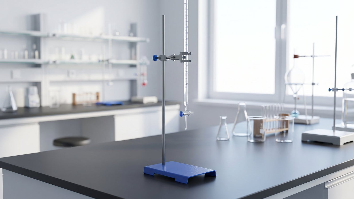 Retort stand ready for a burette clamp