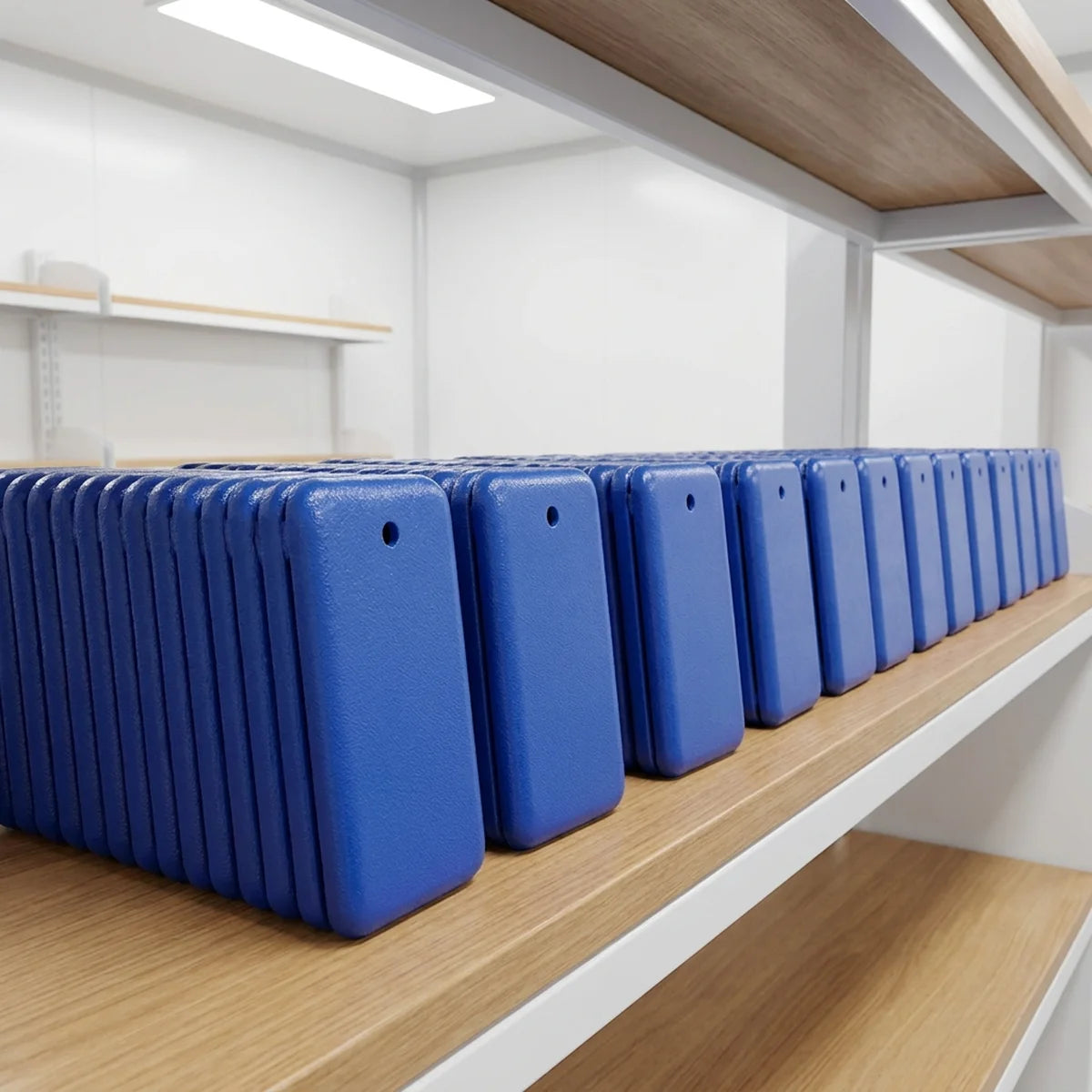 Retort stand bases stored on a shelf