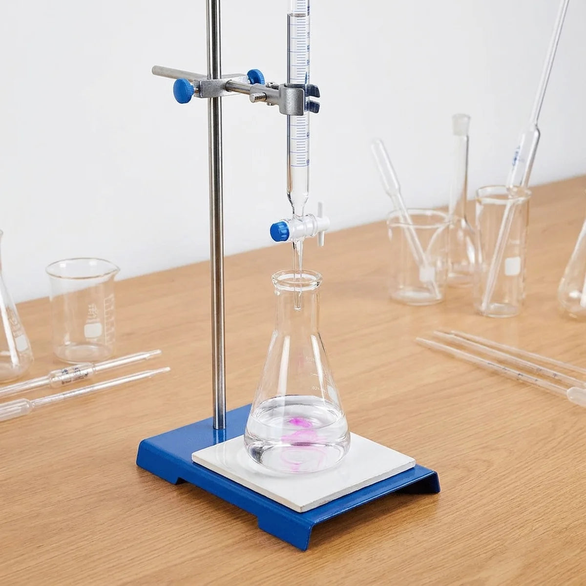 Titration setup with burette and retort stand