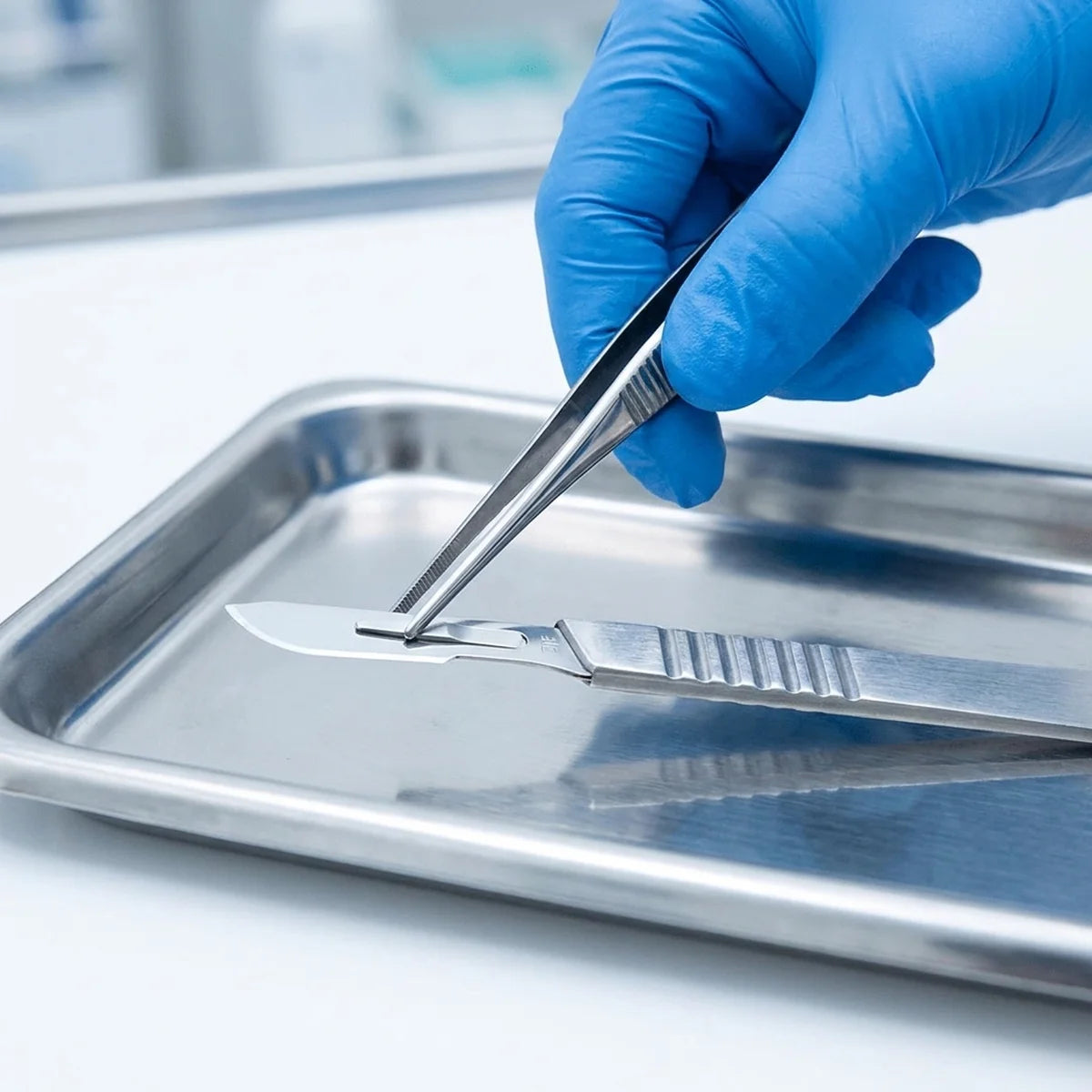Fitting a scalpel blade with forceps