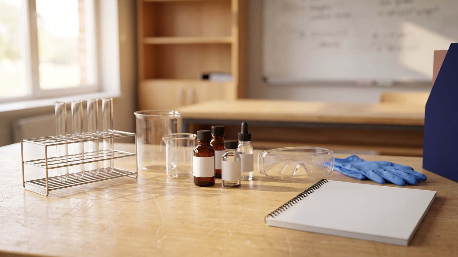 Complete science kit laid out on a lab bench
