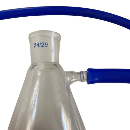 Blue silicone vacuum hose fitted to the side arm of a 24/29 Buchner flask
