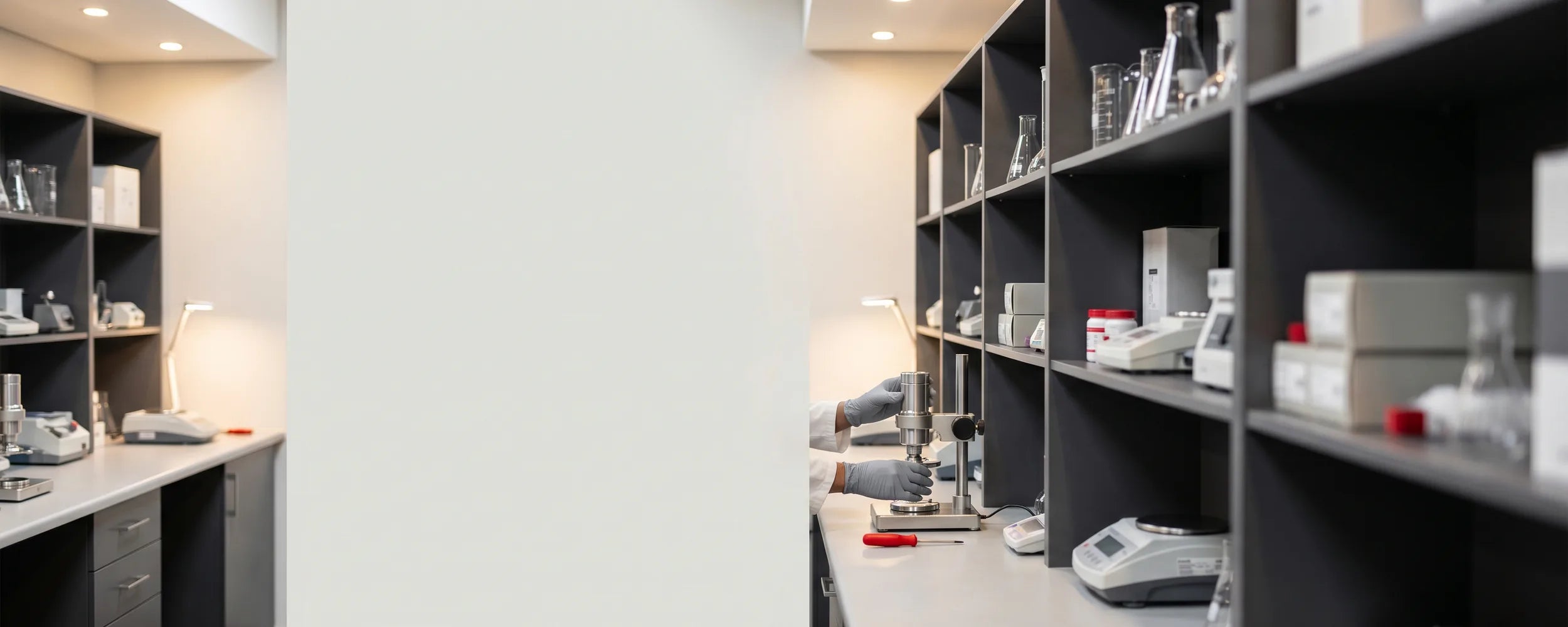 Organised SmartLabs laboratory equipment supply with shelves of apparatus and glassware