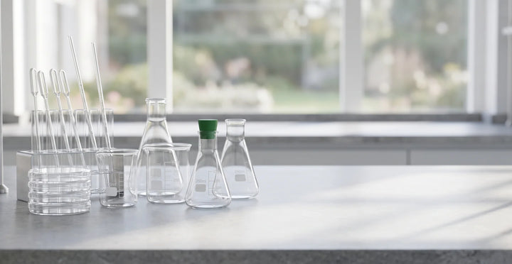 Laboratory glassware on a bright bench with a green accent stopper