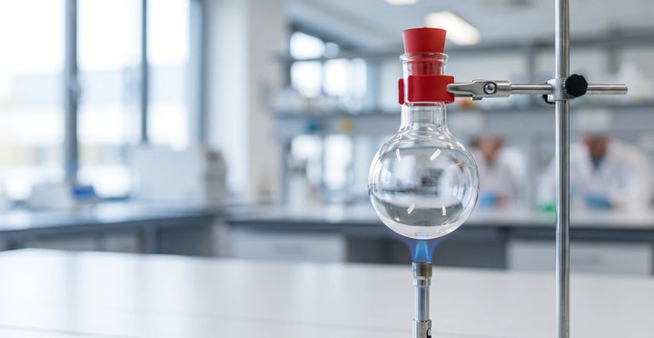 Round-bottom flask heating over a bunsen burner with a red stopper accent