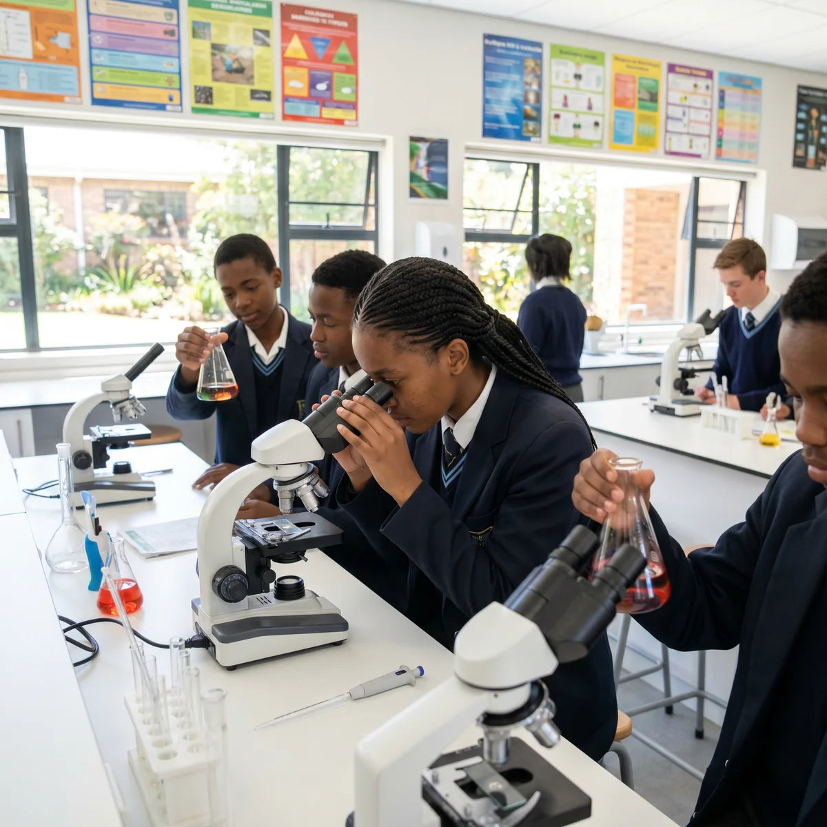 South African students using microscopes and glassware in a school science laboratory
